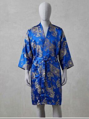 Old Shanghai Blue Satin Gold Dragon Print Kimono Robe One Size